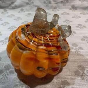 Stunning Orange art glass pumpkin with marble glitter finish 5” w x3.75”t
